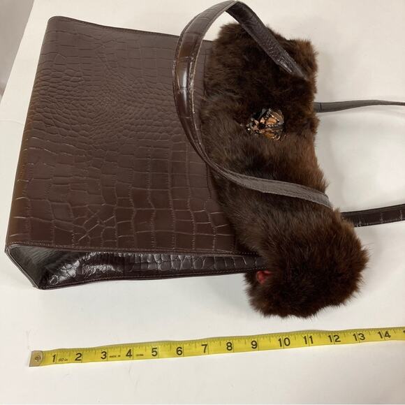BHS British Home Store | Brown Faux Crocodile Fur Trim Handbag - Picture 13 of 13